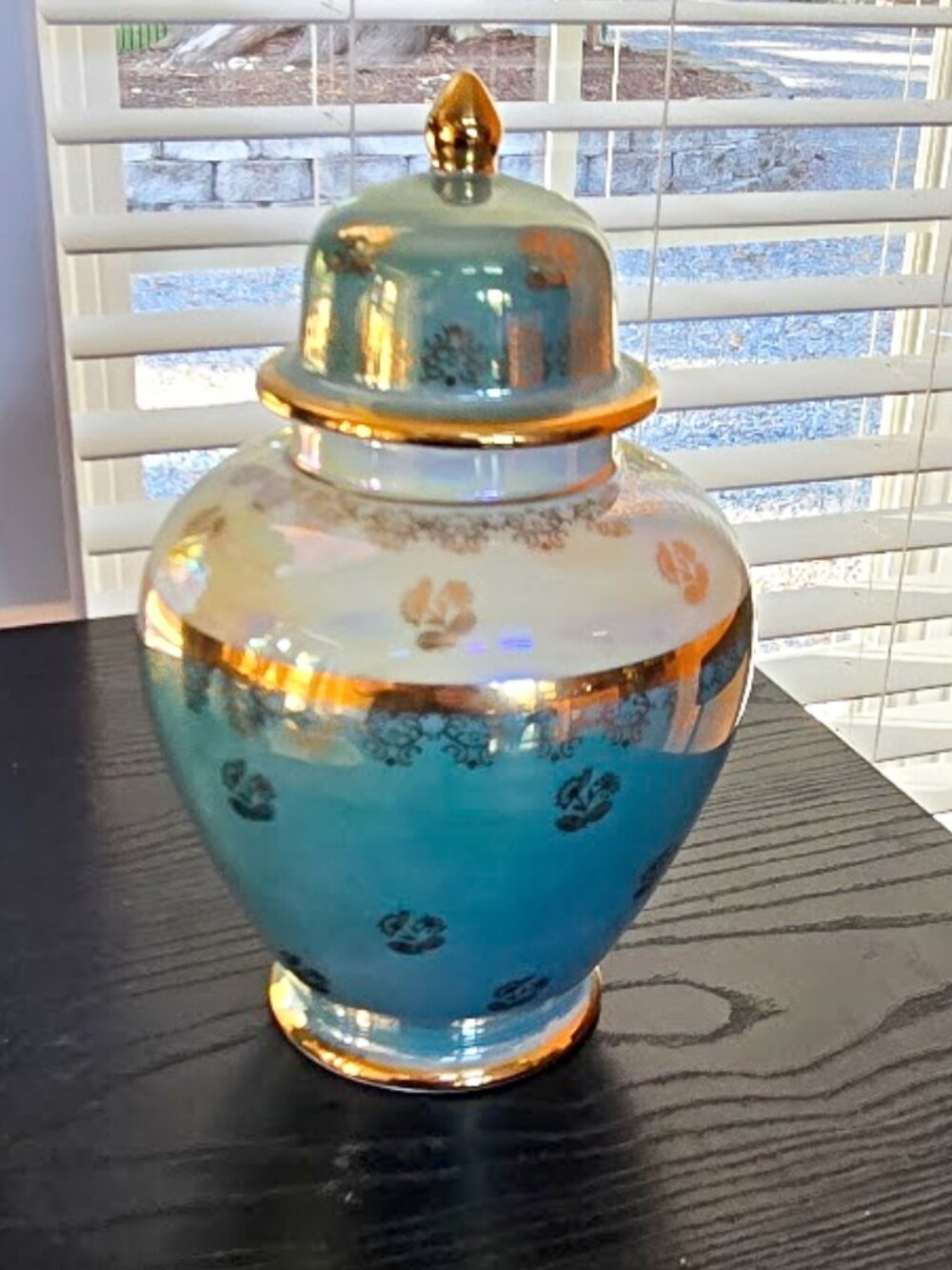 Vintage Kudo Toki Japanese iridescent lusterware jade teal and gold Ginger Jar